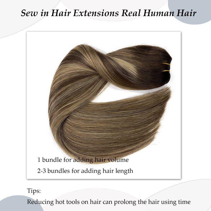 Ubetta Sew in Hair Extensions Real Human Hair, Ombre Brown and Caramel Blonde Highlights Balayage, 120G 24 Inch Hand Tied Weft, Human Hair Extensions - Image 4